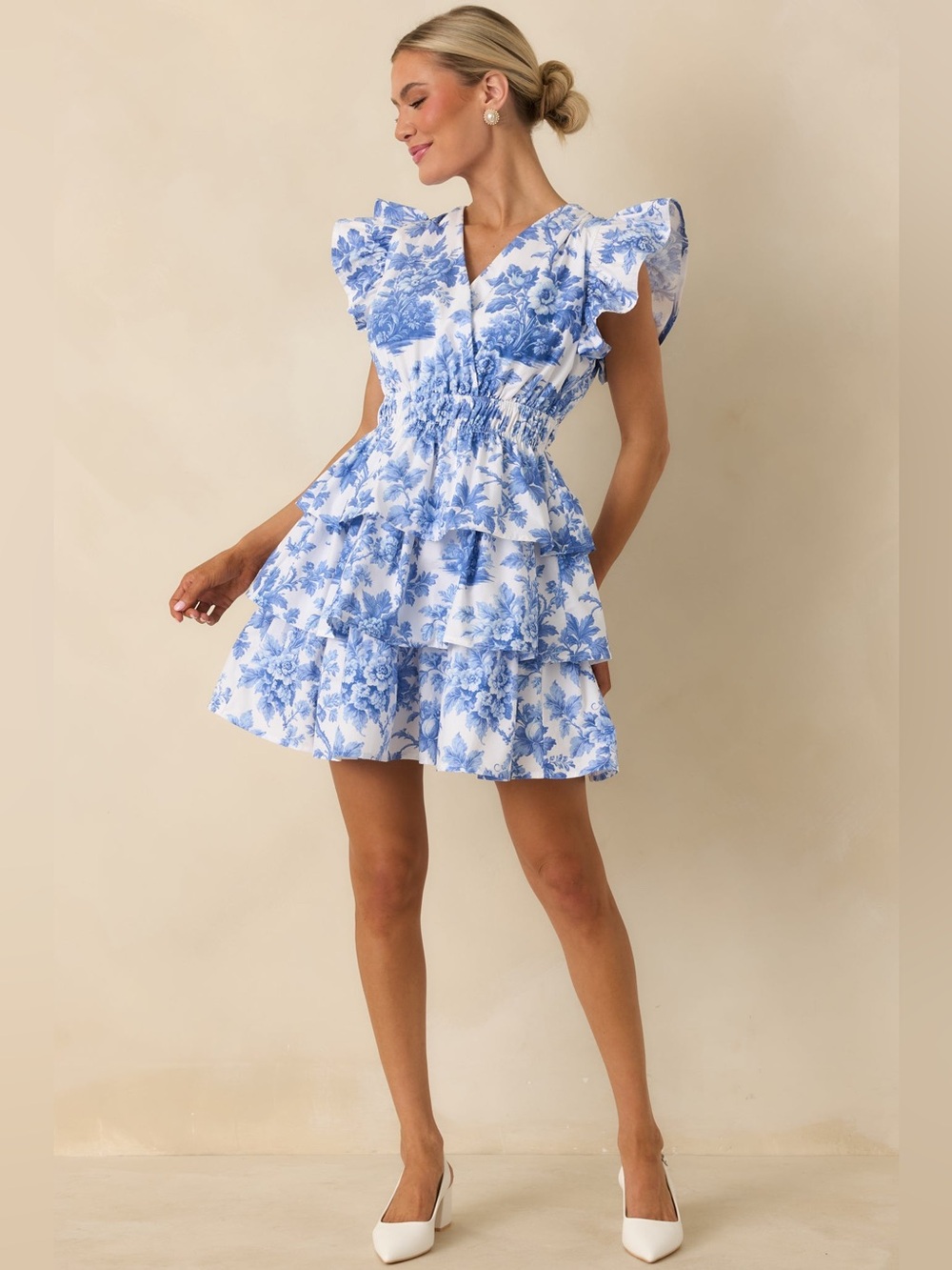 NWT Prosperina Bridget Blue White Floral Ruffle Tiered Mini Dress M